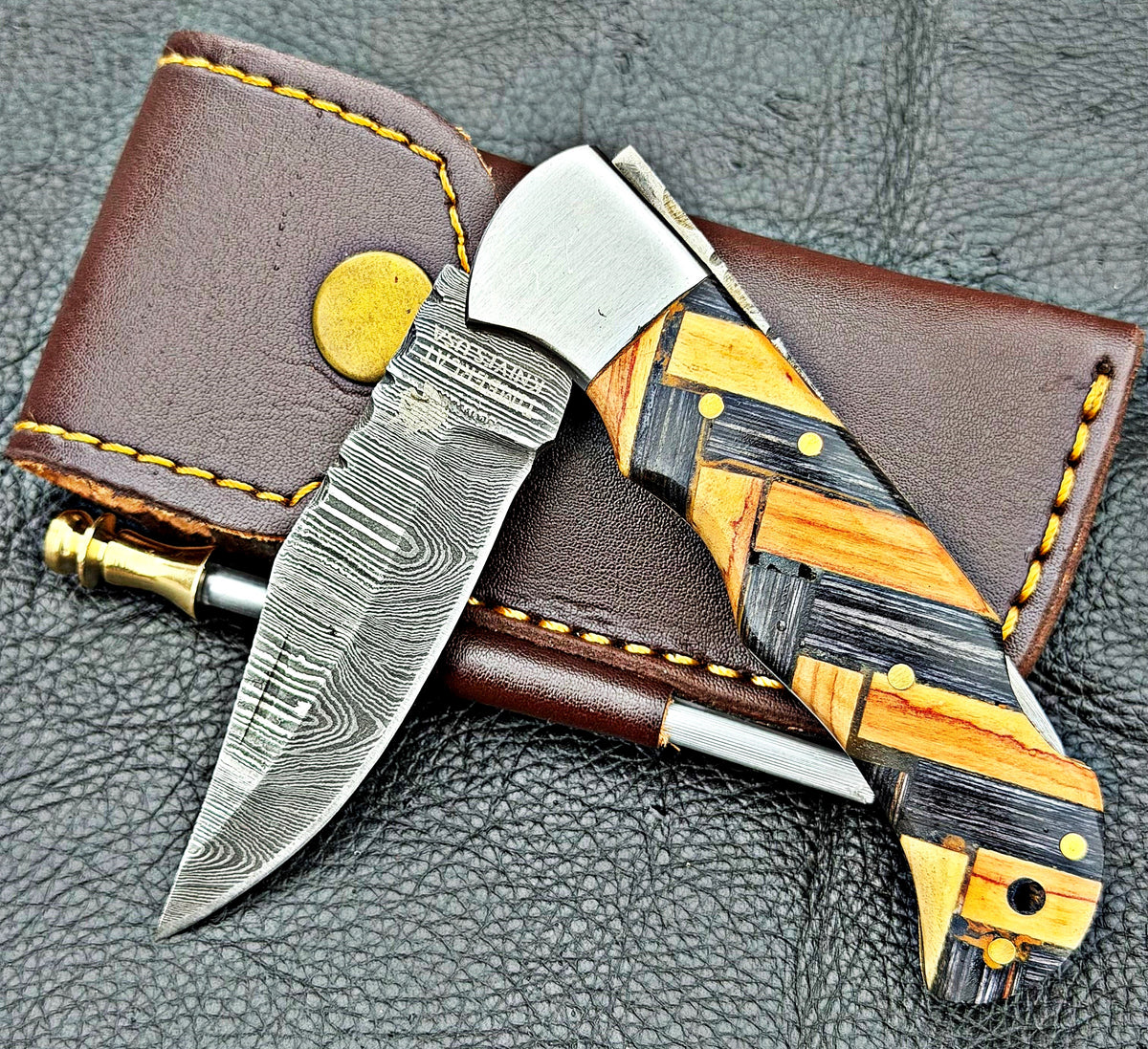 Timbercat Knives Handmade Damascus Pocket Knife 3 Inch Blade Folding Knife with Cowhide Leather Sheath 2016