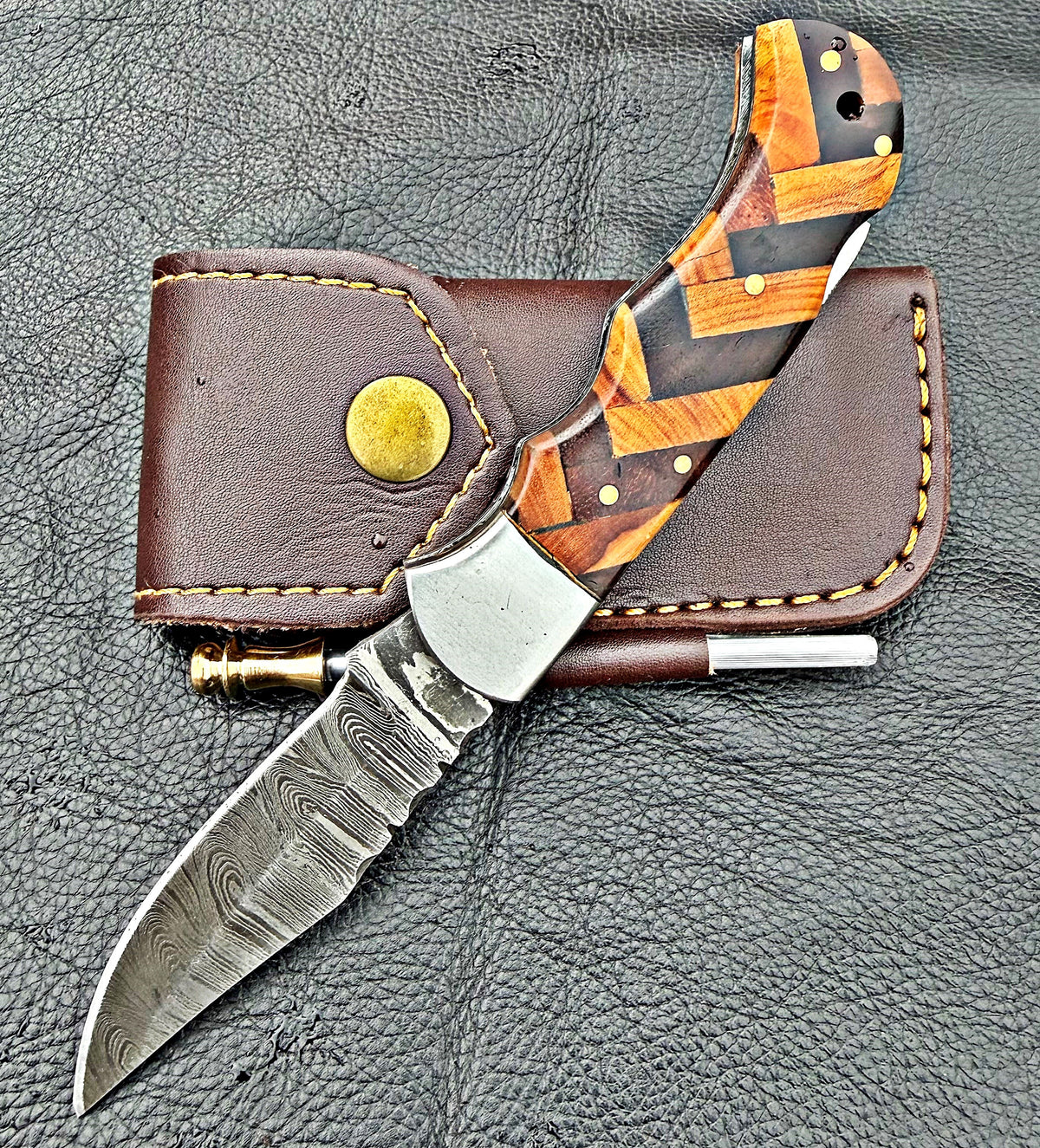 Timbercat Knives Handmade Damascus Pocket Knife 3 Inch Blade Folding Knife with Cowhide Leather Sheath 2017