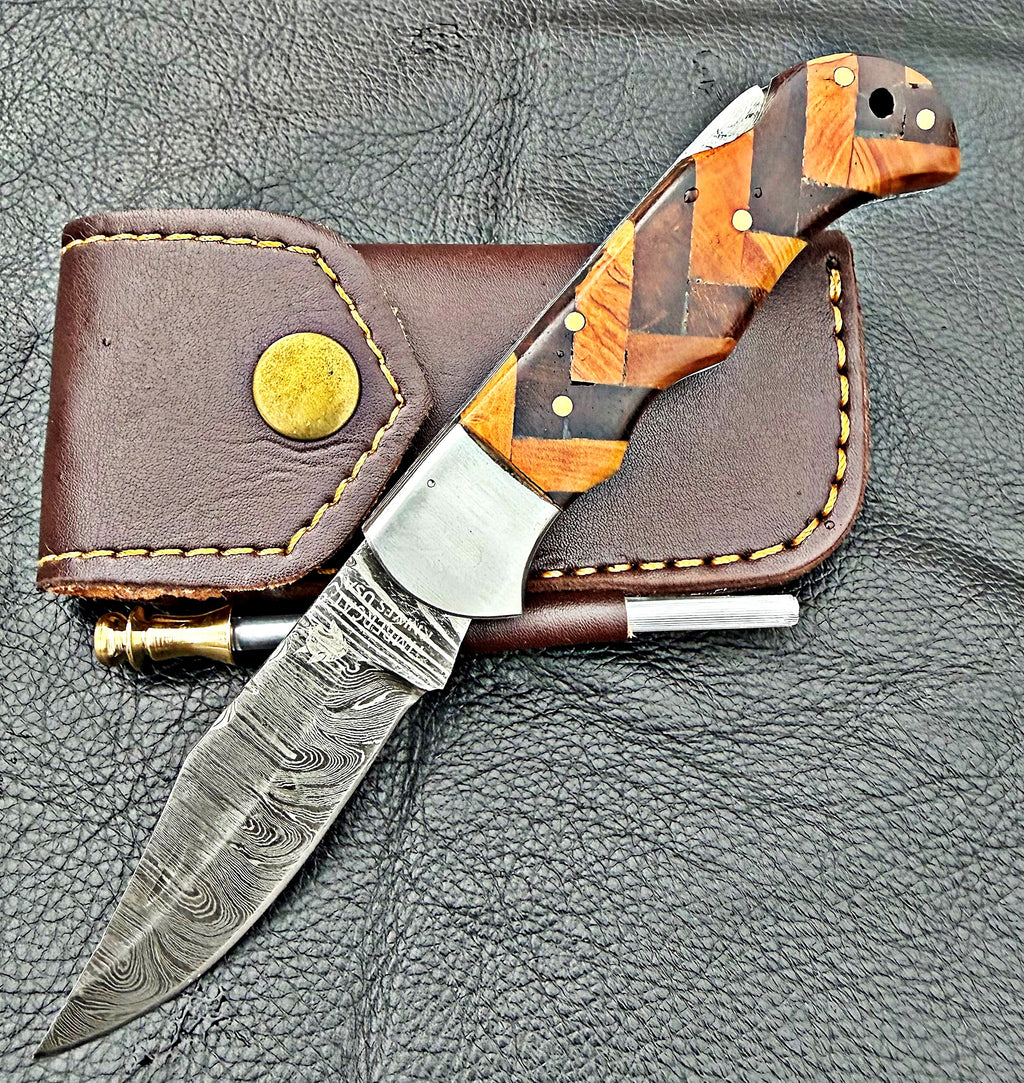 Timbercat Knives Handmade Damascus Pocket Knife 3 Inch Blade Folding Knife with Cowhide Leather Sheath 2017