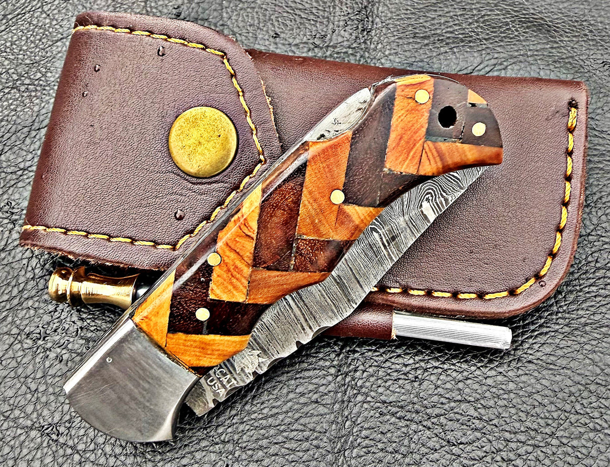 Timbercat Knives Handmade Damascus Pocket Knife 3 Inch Blade Folding Knife with Cowhide Leather Sheath 2017