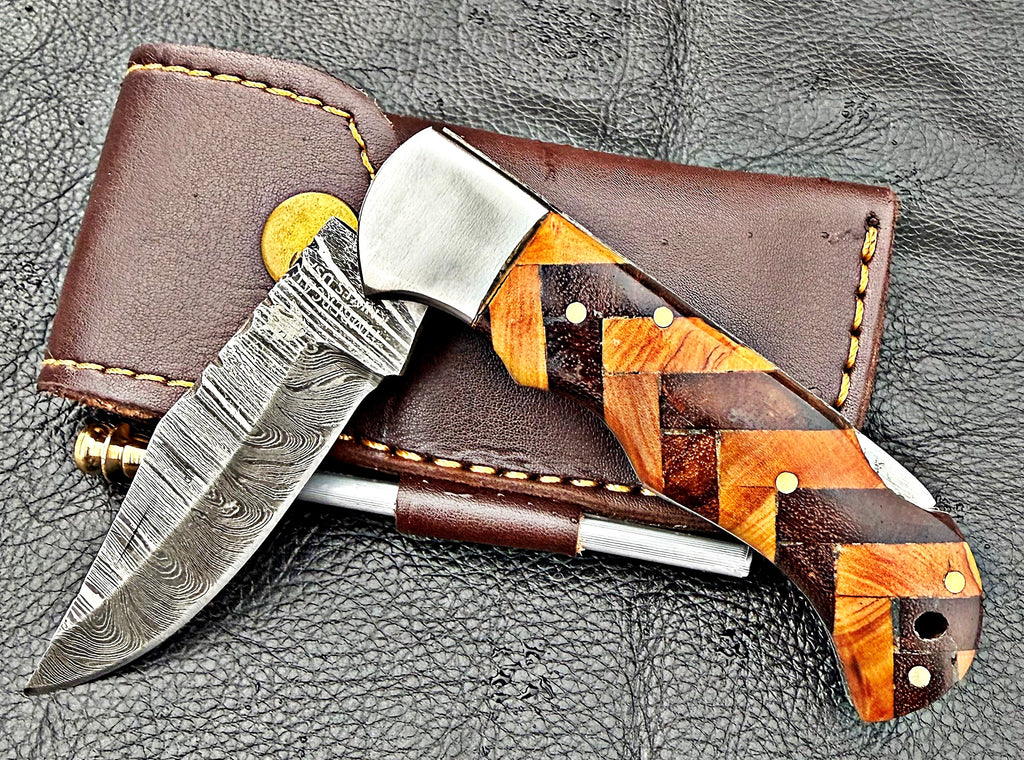 Timbercat Knives Handmade Damascus Pocket Knife 3 Inch Blade Folding Knife with Cowhide Leather Sheath 2017