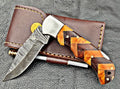 Timbercat Knives Handmade Damascus Pocket Knife 3 Inch Blade Folding Knife with Cowhide Leather Sheath 2017