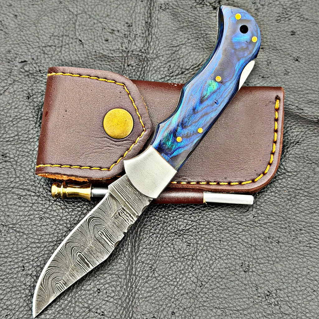 Timbercat Knives Handmade Damascus Pocket Knife 3 Inch Blade Folding Knife with Cowhide Leather Sheath 2018