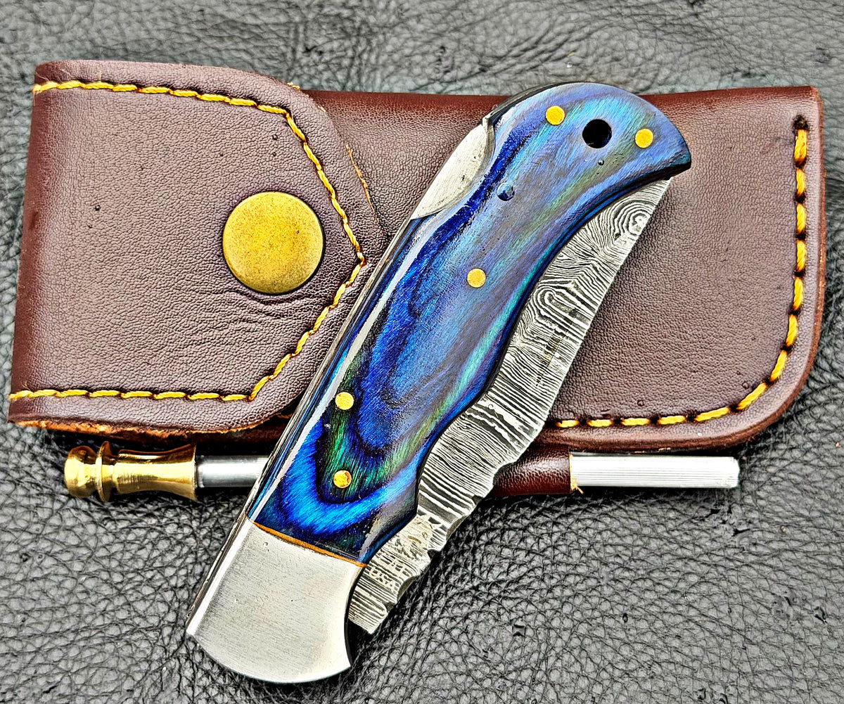 Timbercat Knives Handmade Damascus Pocket Knife 3 Inch Blade Folding Knife with Cowhide Leather Sheath 2018