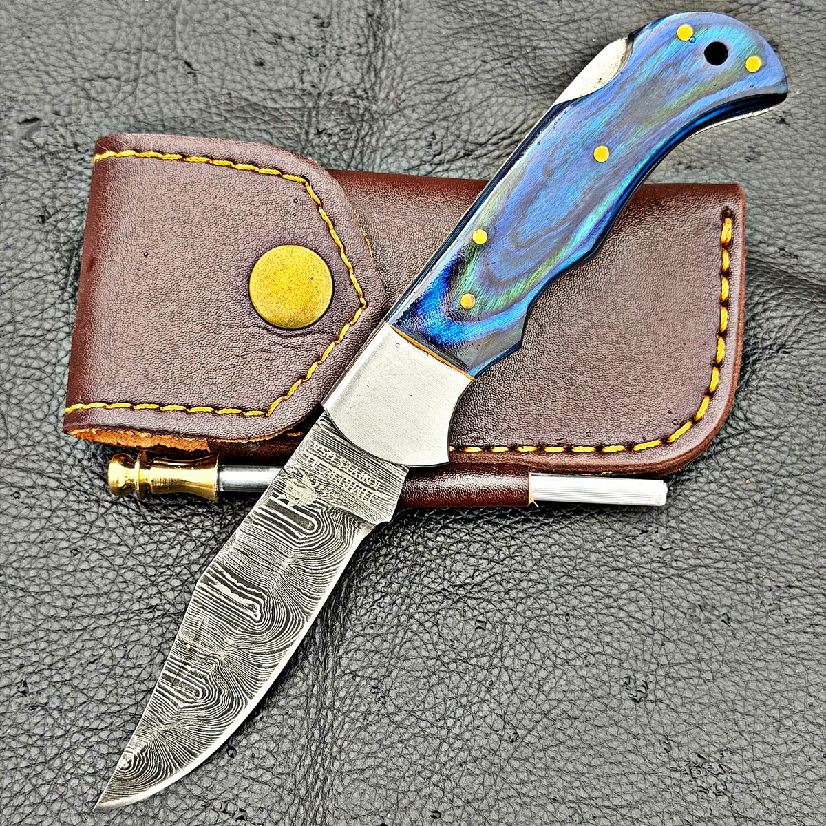 Timbercat Knives Handmade Damascus Pocket Knife 3 Inch Blade Folding Knife with Cowhide Leather Sheath 2018