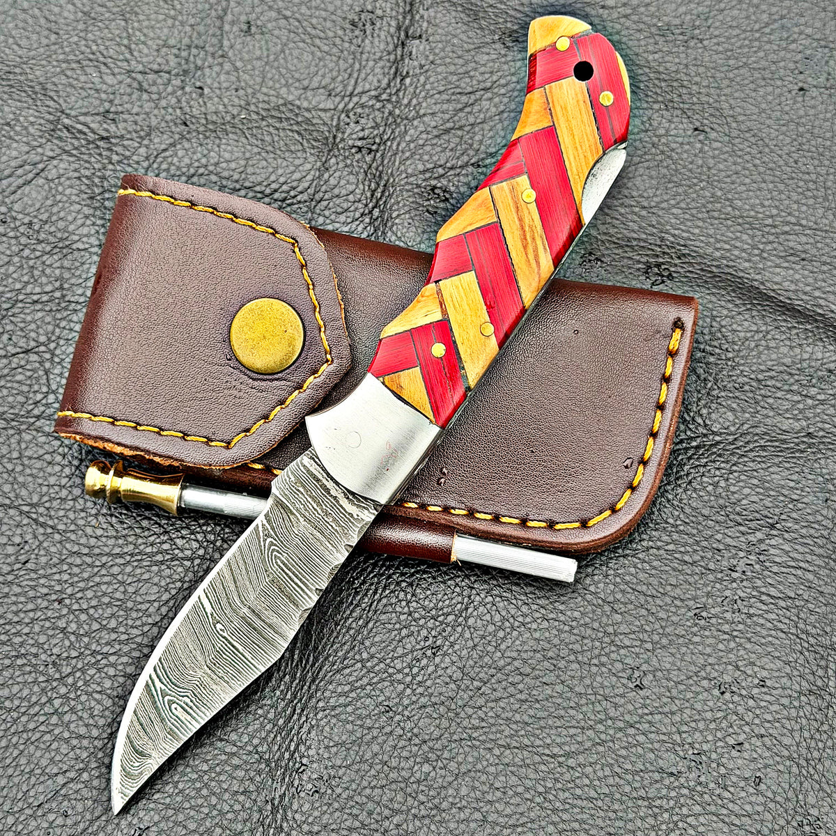 Timbercat Knives Handmade Damascus Pocket Knife 3 Inch Blade Folding Knife with Cowhide Leather Sheath 2019