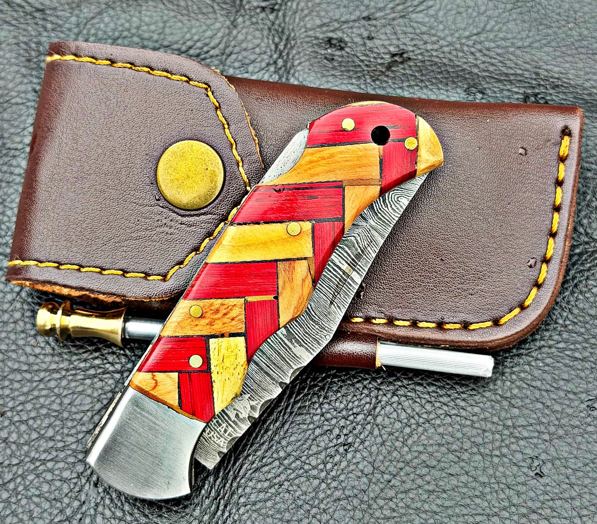 Timbercat Knives Handmade Damascus Pocket Knife 3 Inch Blade Folding Knife with Cowhide Leather Sheath 2019