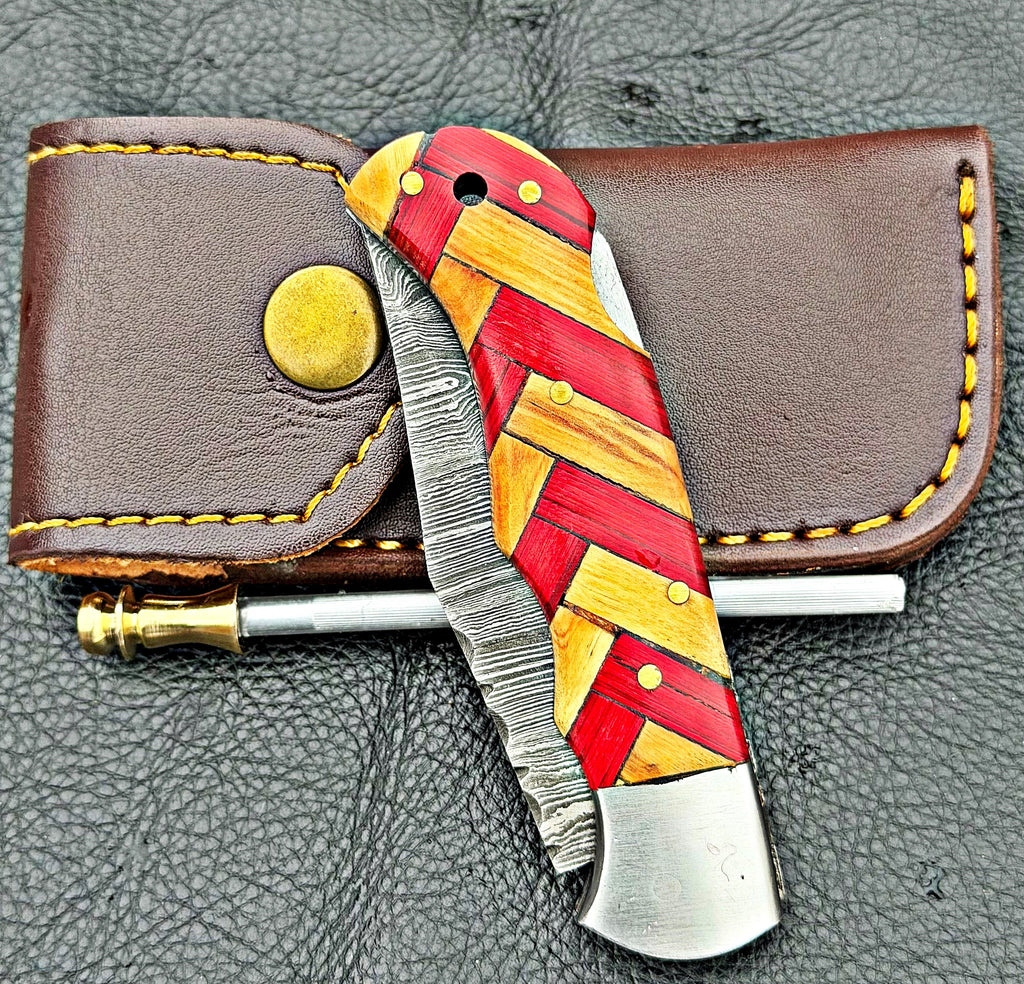 Timbercat Knives Handmade Damascus Pocket Knife 3 Inch Blade Folding Knife with Cowhide Leather Sheath 2019