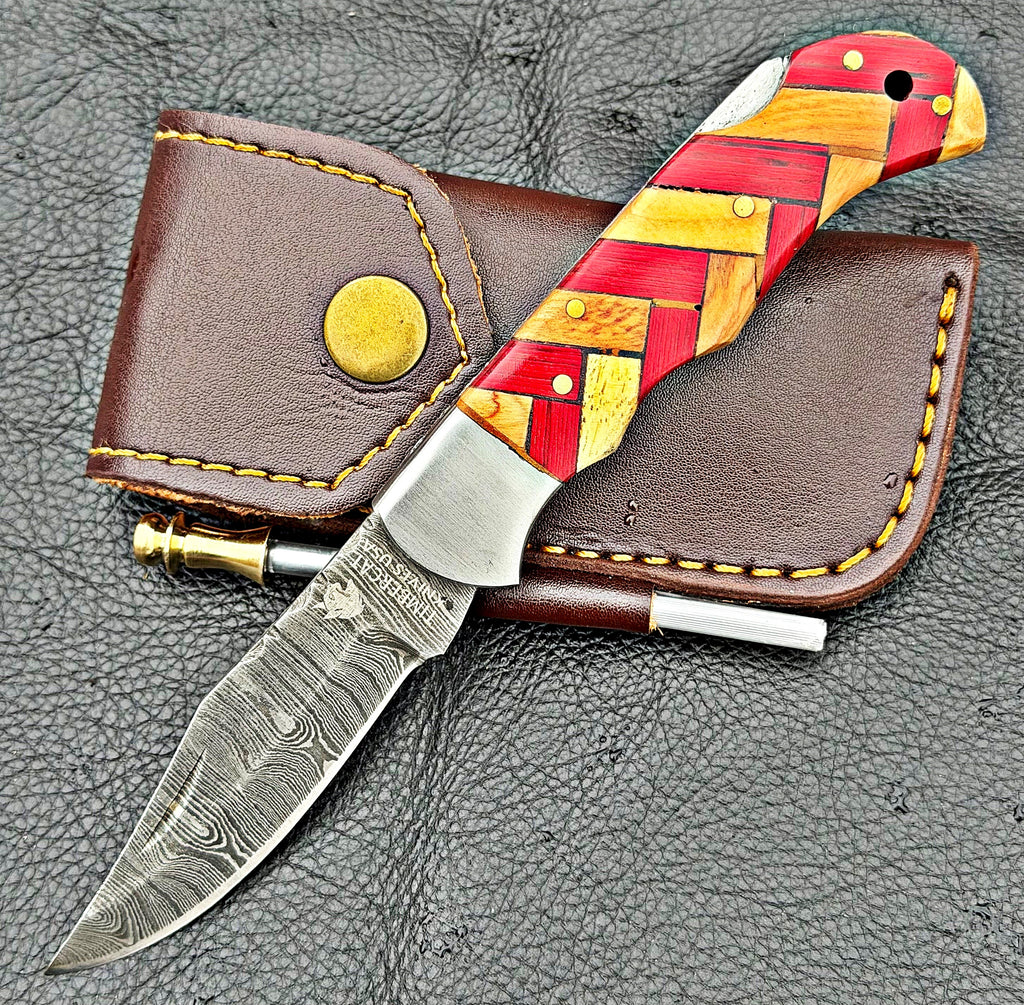 Timbercat Knives Handmade Damascus Pocket Knife 3 Inch Blade Folding Knife with Cowhide Leather Sheath 2019