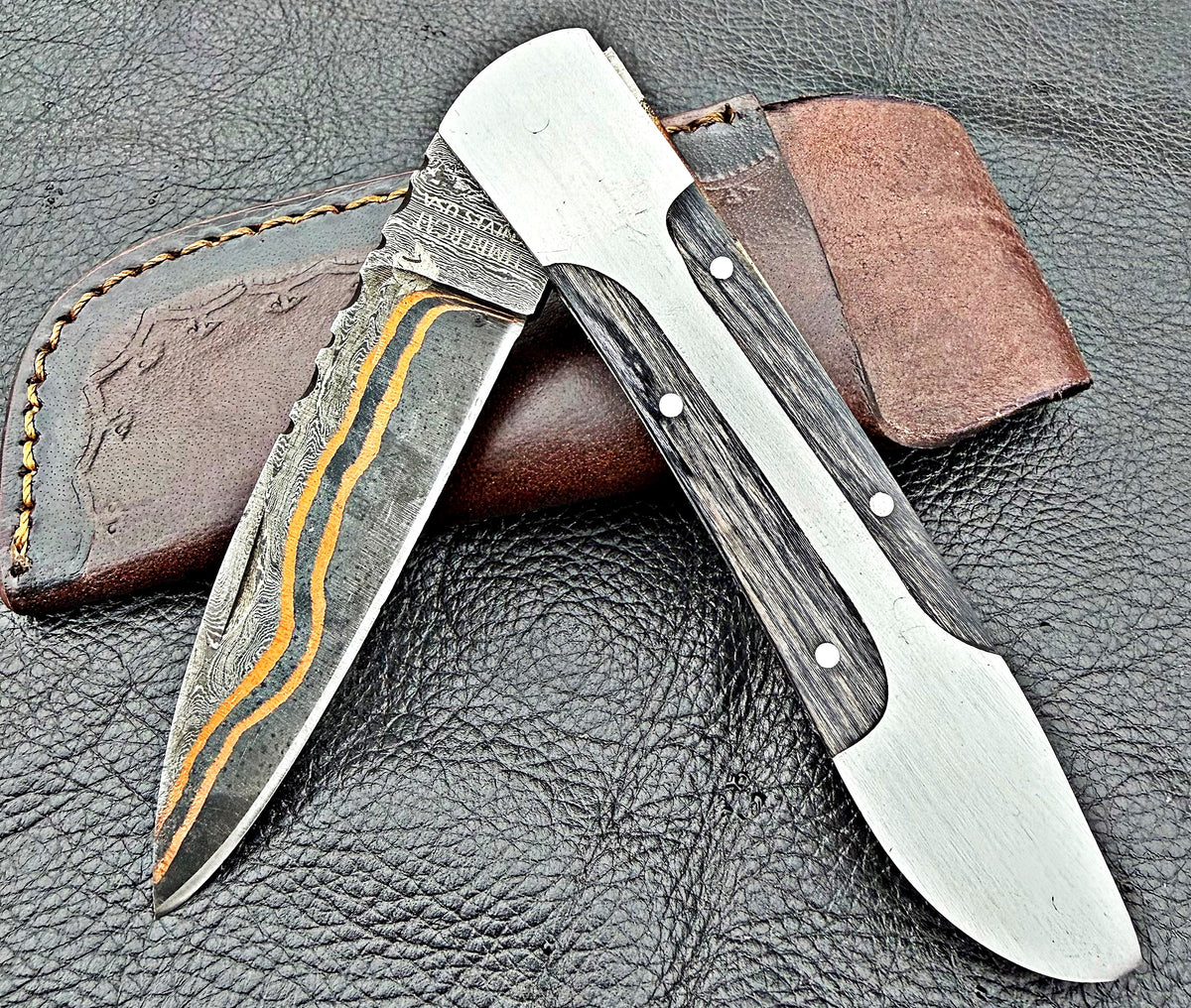 Timbercat Knives Handmade Copper Damascus Pocket Knife 3 Inch Blade Folding Knife with Cowhide Leather Sheath 2022