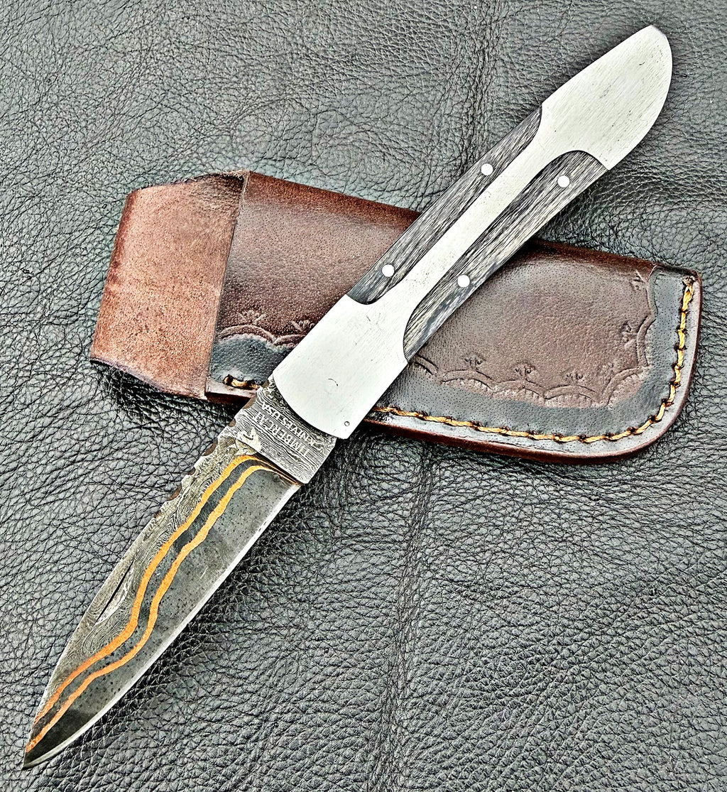 Timbercat Knives Handmade Copper Damascus Pocket Knife 3 Inch Blade Folding Knife with Cowhide Leather Sheath 2022