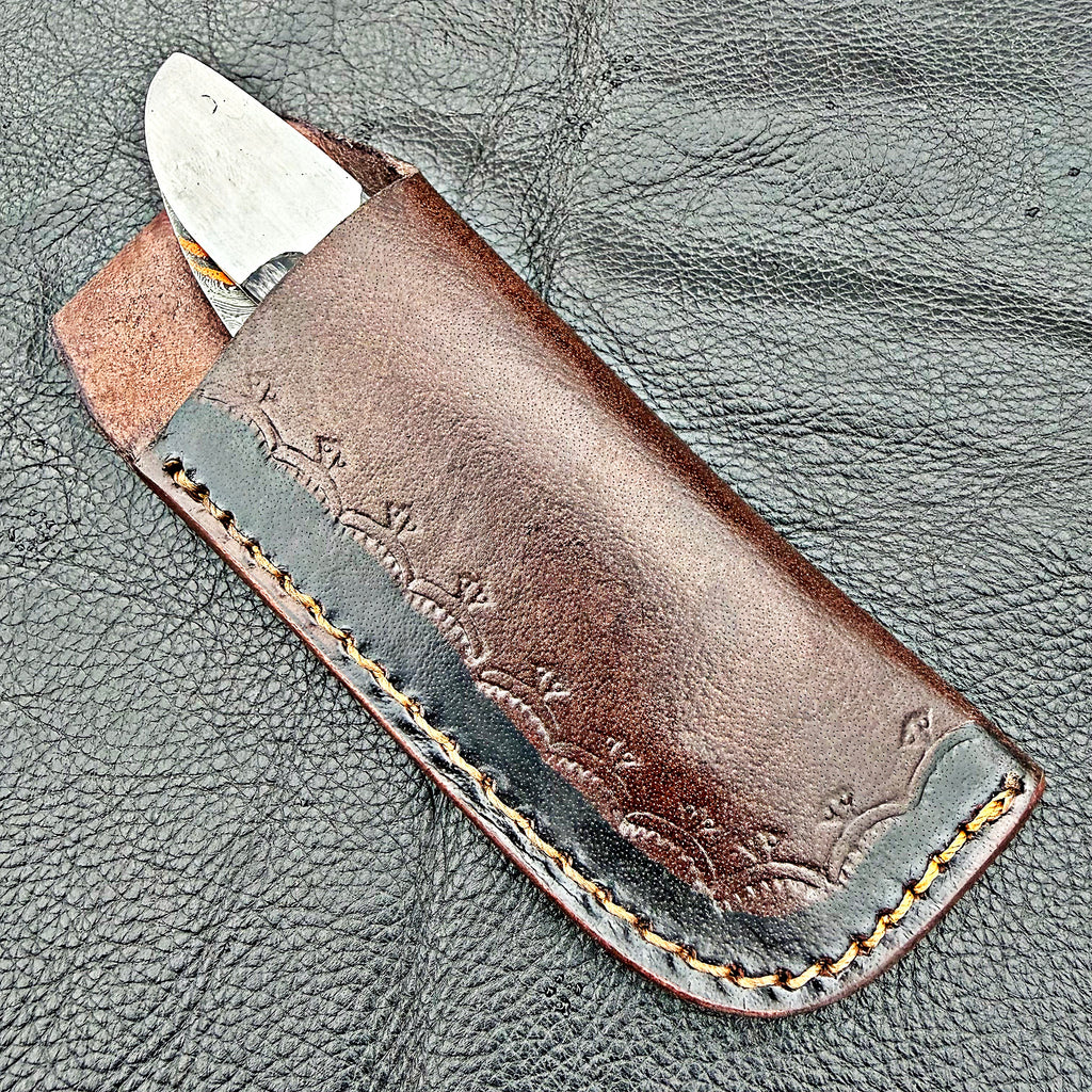 Timbercat Knives Handmade Copper Damascus Pocket Knife 3 Inch Blade Folding Knife with Cowhide Leather Sheath 2022
