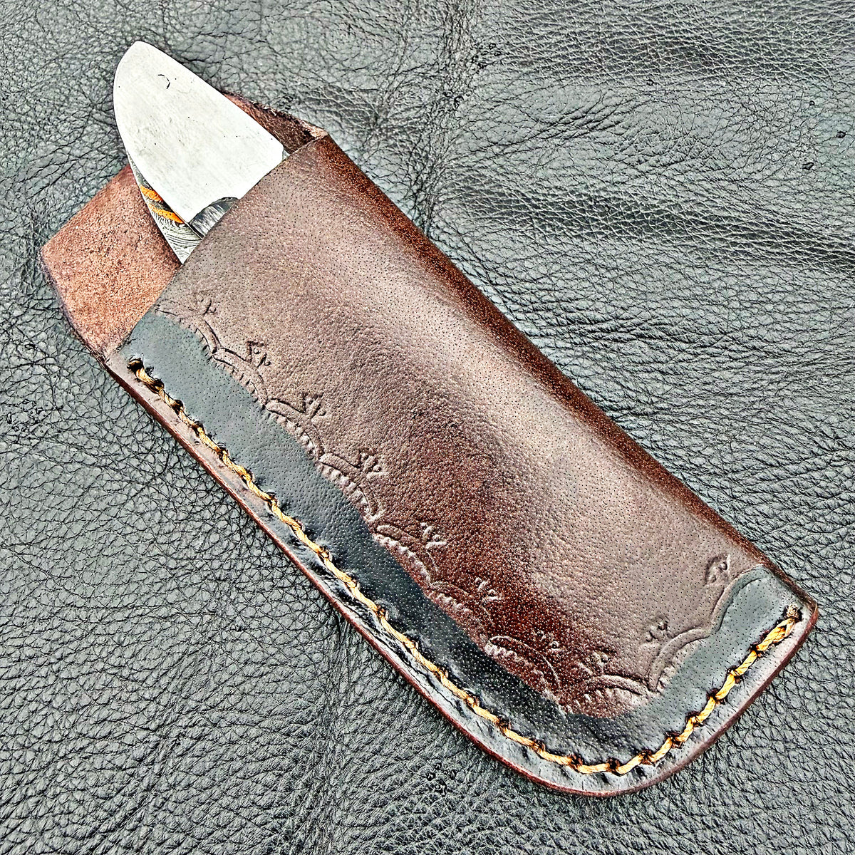 Timbercat Knives Handmade Copper Damascus Pocket Knife 3 Inch Blade Folding Knife with Cowhide Leather Sheath 2022