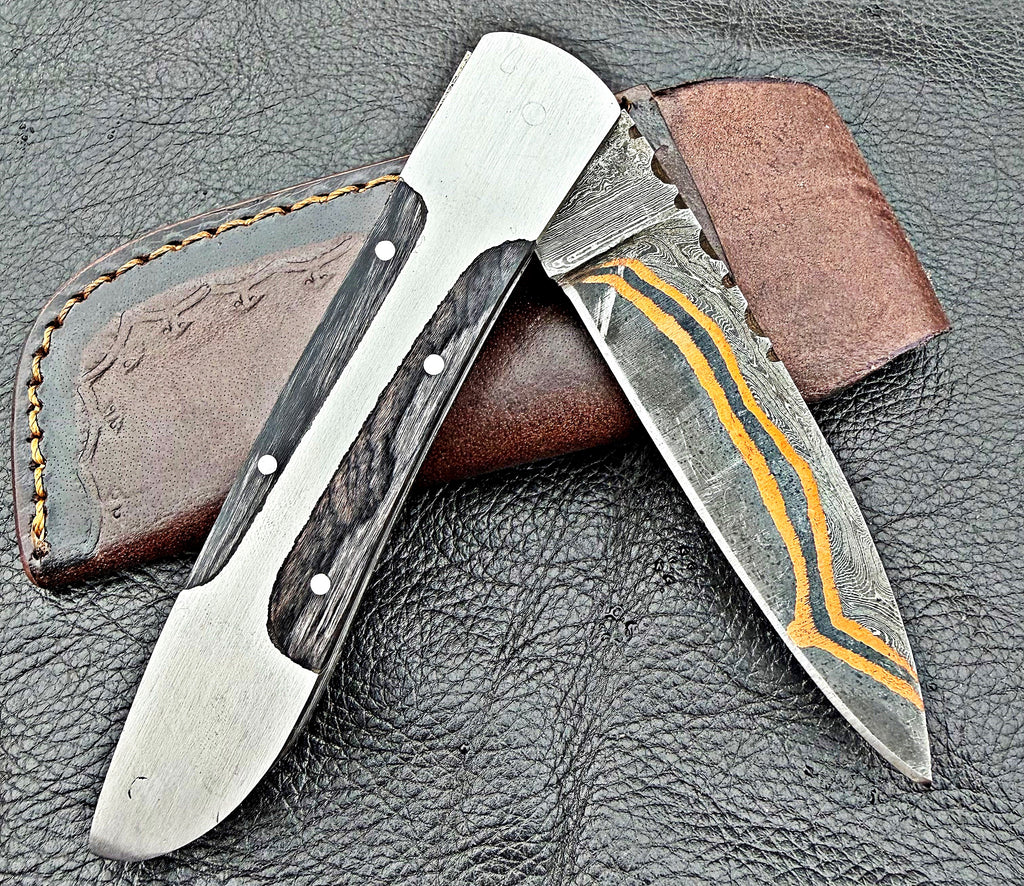 Timbercat Knives Handmade Copper Damascus Pocket Knife 3 Inch Blade Folding Knife with Cowhide Leather Sheath 2022