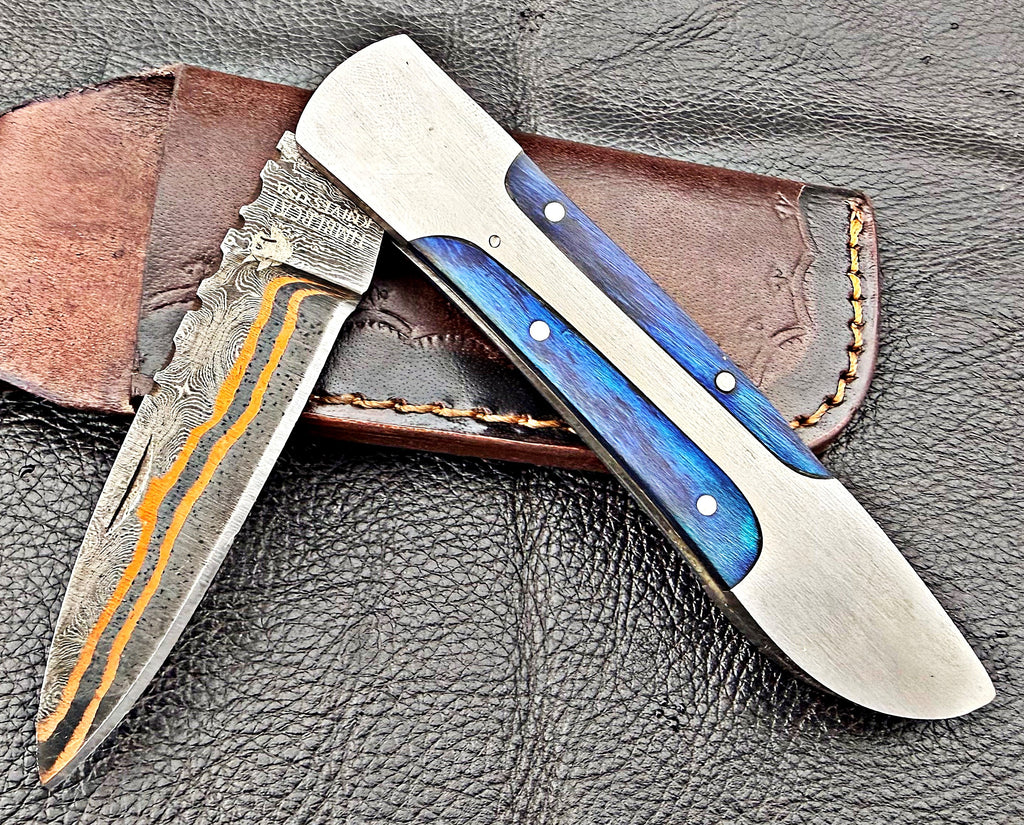 Timbercat Knives Handmade Copper Damascus Pocket Knife 3 Inch Blade Folding Knife with Cowhide Leather Sheath 2023