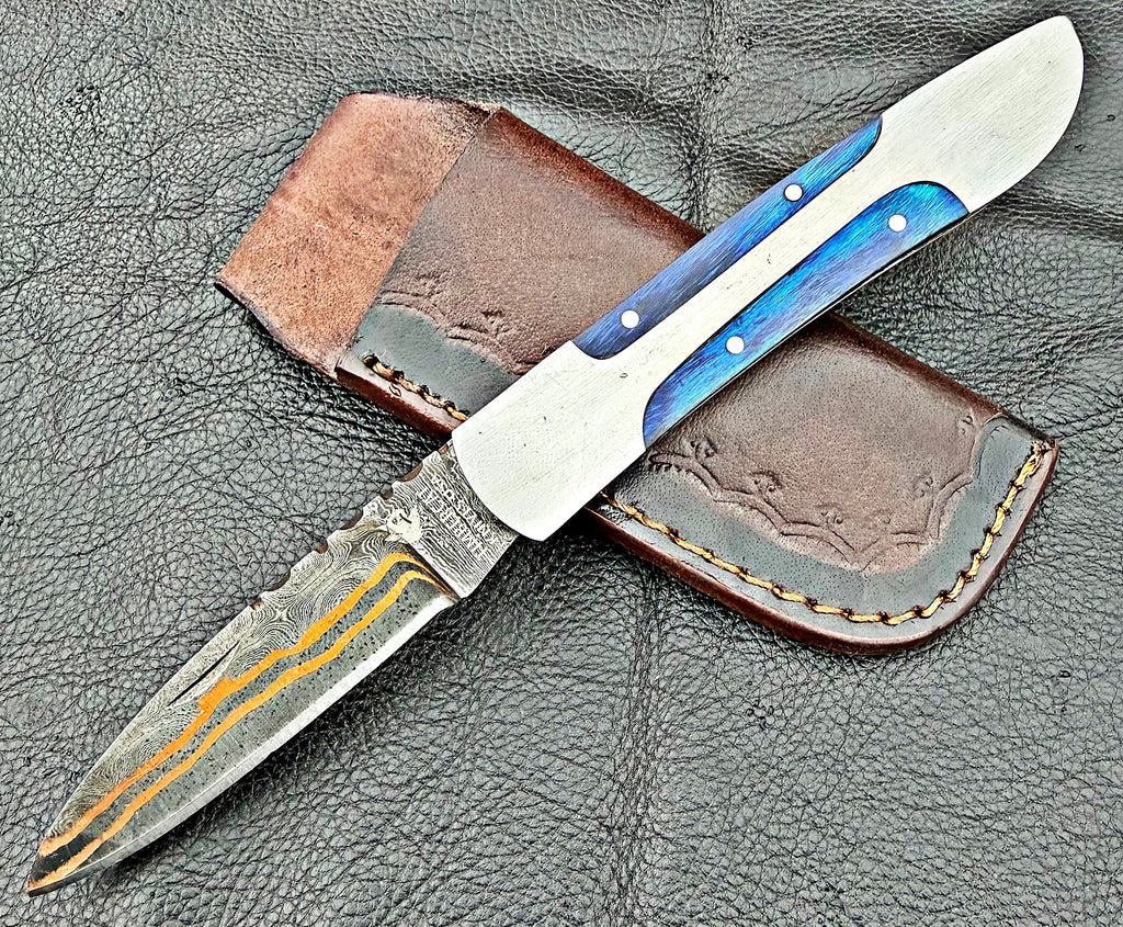 Timbercat Knives Handmade Copper Damascus Pocket Knife 3 Inch Blade Folding Knife with Cowhide Leather Sheath 2023