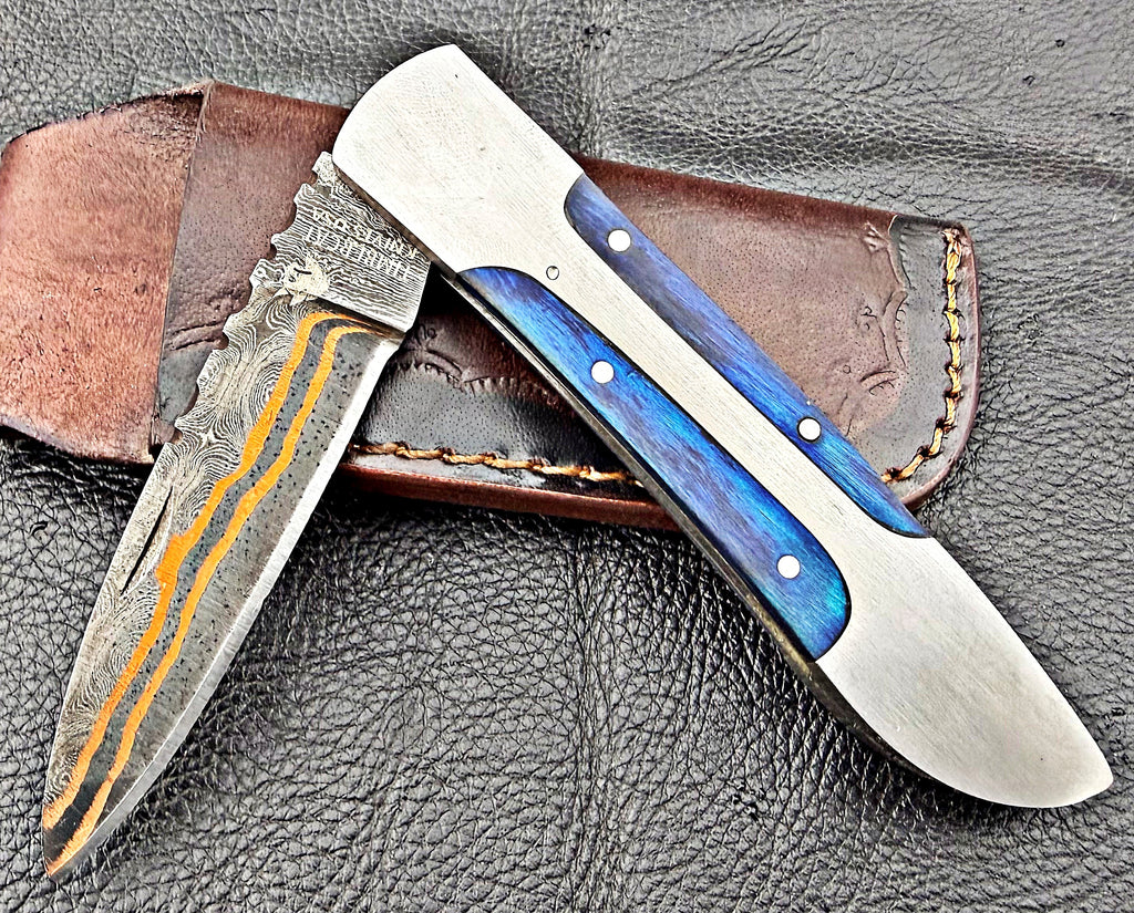 Timbercat Knives Handmade Copper Damascus Pocket Knife 3 Inch Blade Folding Knife with Cowhide Leather Sheath 2023