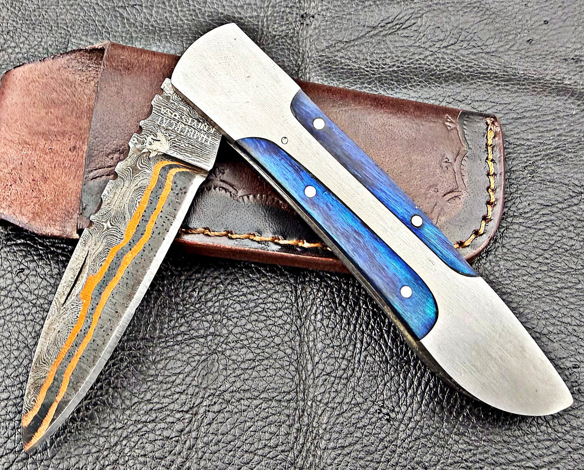 Timbercat Knives Handmade Copper Damascus Pocket Knife 3 Inch Blade Folding Knife with Cowhide Leather Sheath 2023
