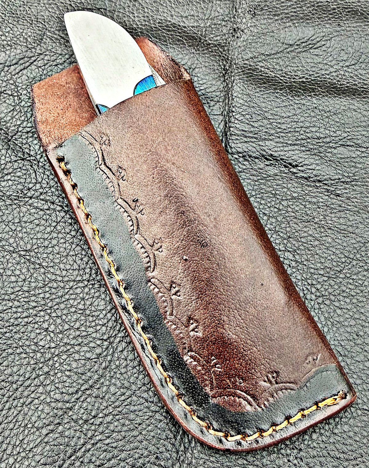 Timbercat Knives Handmade Copper Damascus Pocket Knife 3 Inch Blade Folding Knife with Cowhide Leather Sheath 2023