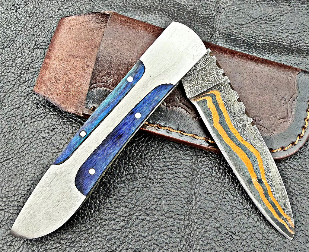Timbercat Knives Handmade Copper Damascus Pocket Knife 3 Inch Blade Folding Knife with Cowhide Leather Sheath 2023