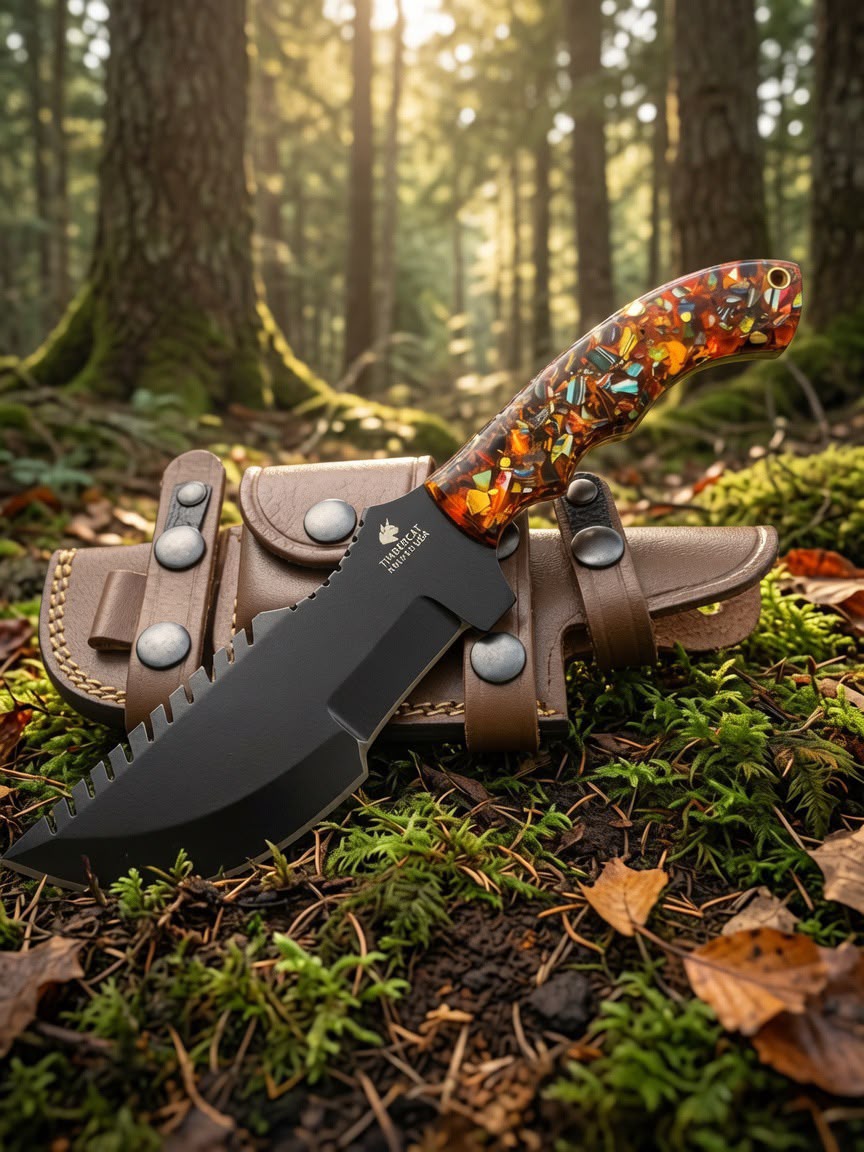 Timbercat Knives Handmade Copper Damascus Pocket Knife 3 Inch Blade with Cowhide Leather Sheath 2001